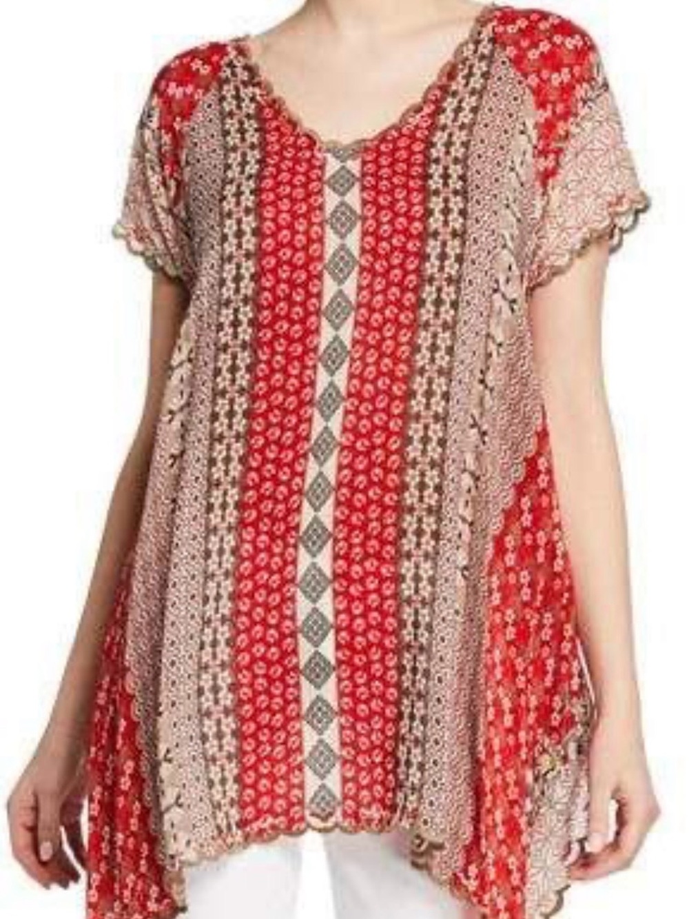 Johnny Was Holiday Printed Short-Sleeve Georgette Tunic